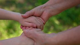 The hands of an adult hold the hands of a child.