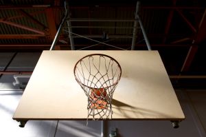 Basketball backboard in the gym at Greenfield High School, Greenfield, Massachusetts, USA