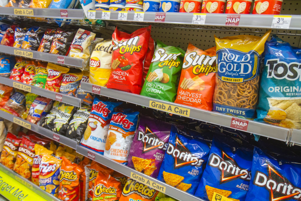 Shelves of snacks for sale inside Walgreens at Cocoa Beach.