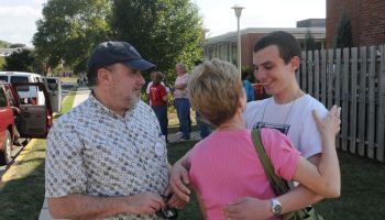 8/26/2010 Reading, PA Thomas Callahan hugs his mother Susan Callahan as his father Tim Callahan looks on. At Albright College Thursday afternoon where parents were saying goodbye to their children after dropping them off for the beginni