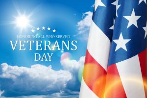 American flags with Text Veterans Day Honoring All Who Served on blue sky background.