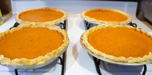 Royalty Free Photograph - Pumpkin Pie Times Four - Delicious Baking and Bakery Backgrounds for Website, Baking Blog or Marketing Image - Grandma's Homemade Pumpkin Pie is the Very Best - Fresh Baked Pumpkin Pies are out of Mother's Oven - Baking the Pies