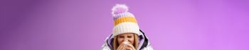 Girl runny nose sneeze tissue press napkin face got ill feeling unwell
