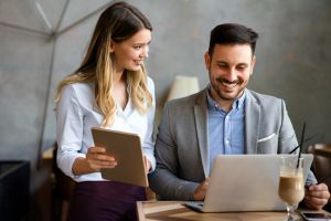 Business people working, having fun and chatting at workplace office