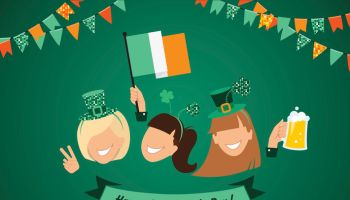 Saint Patrick`s day banner. Group of girls with holiday symbols