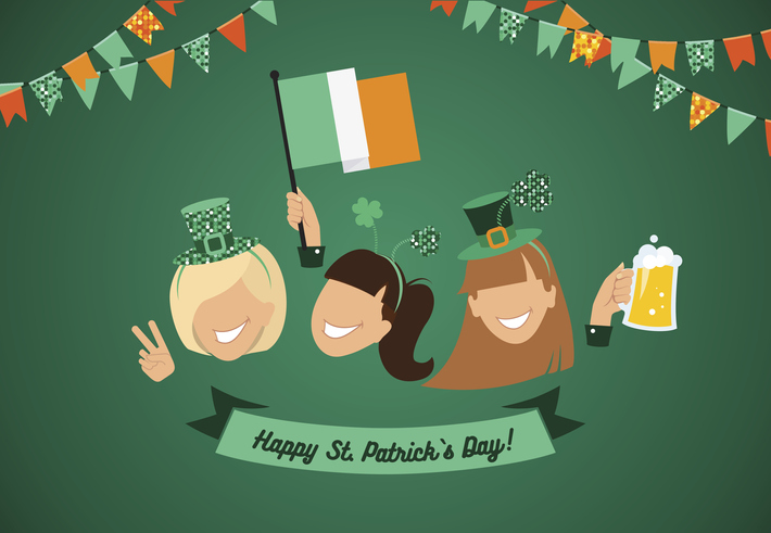 Saint Patrick`s day banner. Group of girls with holiday symbols