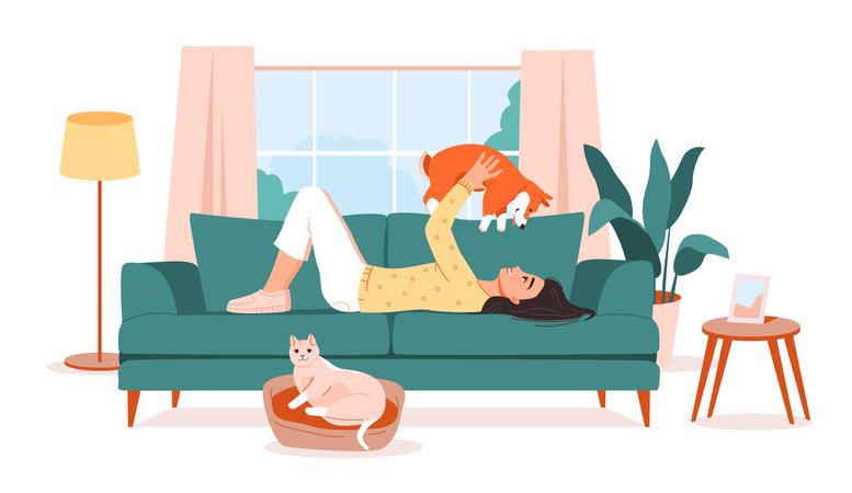 Pet owner. The girl is lying on the couch with her pets. A cat and a dog are resting on the sofa with their owner. Flat vector illustration.