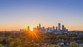 Distant view of a skyline during sunset in Charlotte, North Carolina, United States