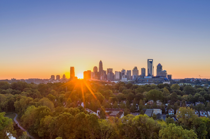 Distant view of a skyline during sunset in Charlotte, North Carolina, United States