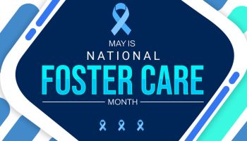 National Foster Care Month backdrop design with colorful blue shapes and ribbon design. May is national foster care month, background design