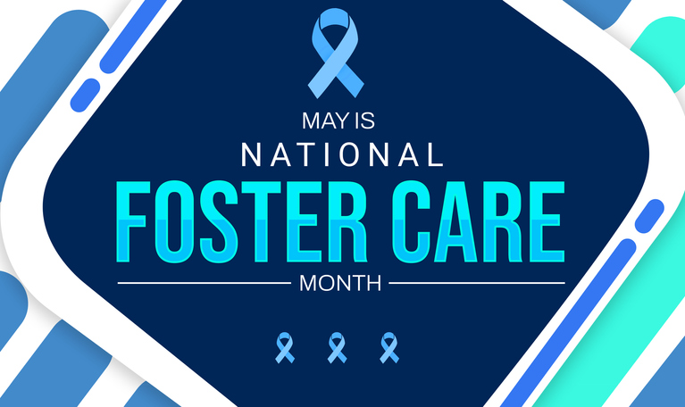 National Foster Care Month backdrop design with colorful blue shapes and ribbon design. May is national foster care month, background design