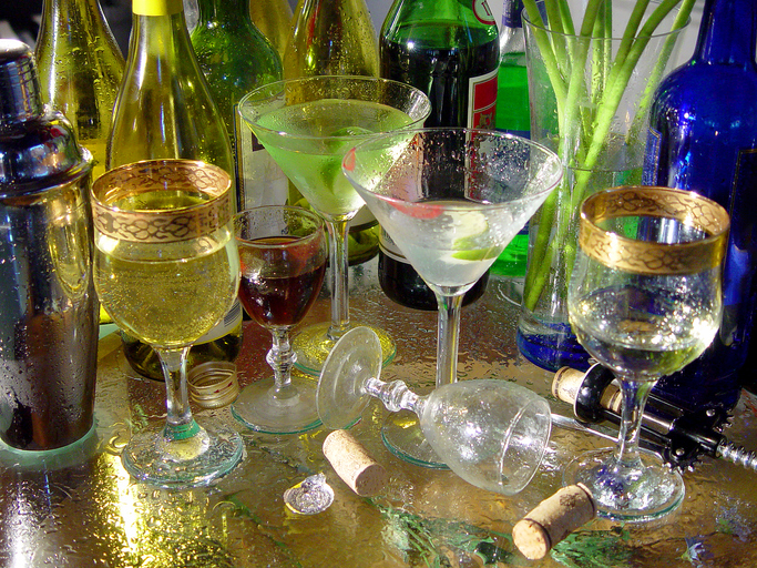 Fancy drinks glasses and bottles