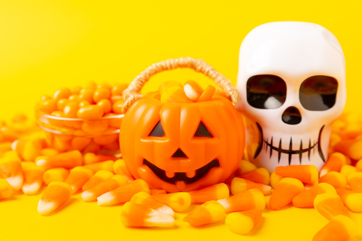 Candy corn on textural background. Halloween concept. Bucket of Halloween pumpkin Jack-o-lantern with candy corn for halloween celebration.Pumpkin with a scary smile on his face.Candy bucket.