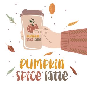 Human hand holding cup of hot drink. Pumpkin spice latte with whipped cream and cinnamon