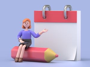 3D illustration of smiling European businesswoman Ellen - human character , person with a pencil and a empty notebook. 3D rendering on blue background.