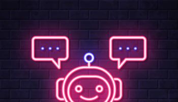 Chatbot with speech bubbles. Glowing neon icon on brick wall background