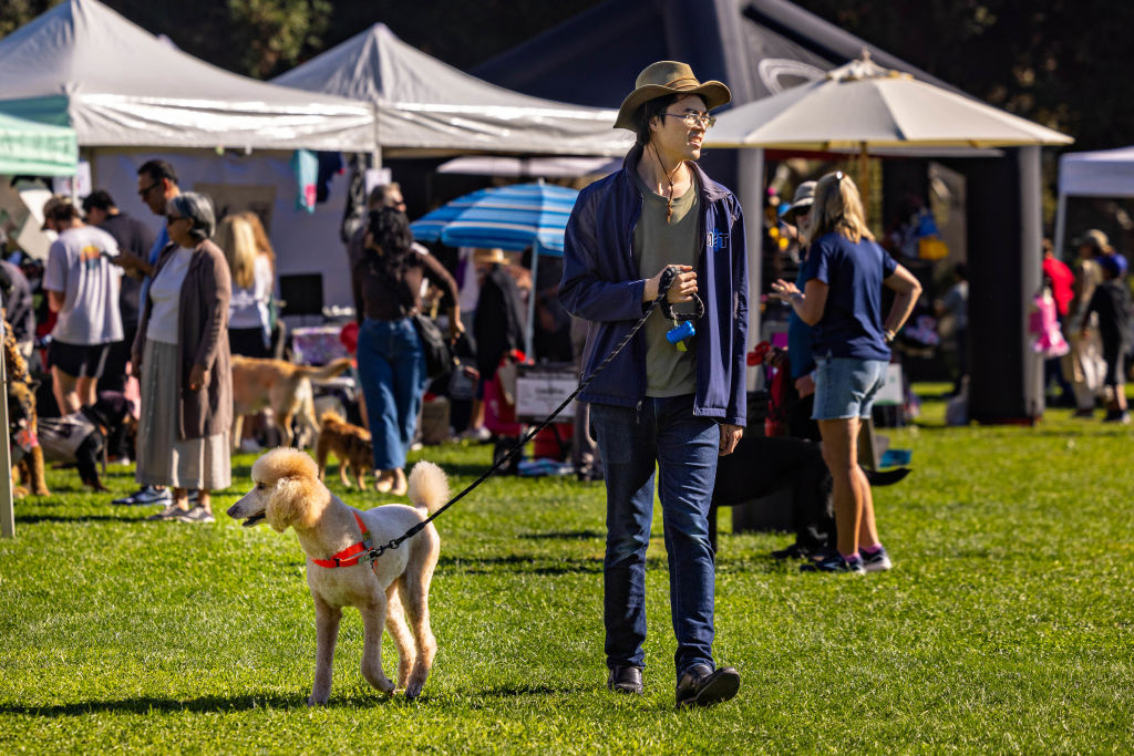 People and their pets enjoy an afternoon at "Beverly Hills Doggy Daze 90210," a pet adoption event with festivities that include a parade with animals dressed in costumes, a pet talent contest, some 40 pet-related vendors and food trucks...