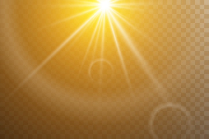 Bright sun, rays of light, shining star on a transparent background