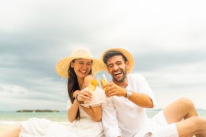 Caucasian couple travel together at tropical island on summer holiday vacation.
