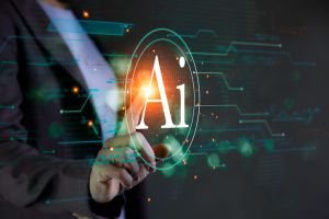 AI,Machine learning data analysis and data management, Businessman holding AI icon global networks. Data analysis using artificial intelligence is essential. Cyber security using AI is essential.