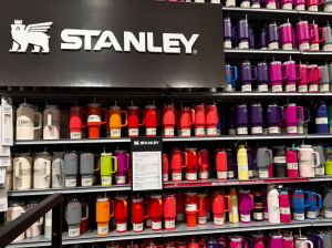 Trendy Stanley brand water bottle tumbler display in Dick's Sporting Goods store, Queens, New York
